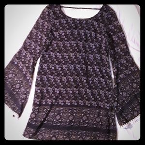 Navy Blue and Off White Bell Sleeve Floral Top